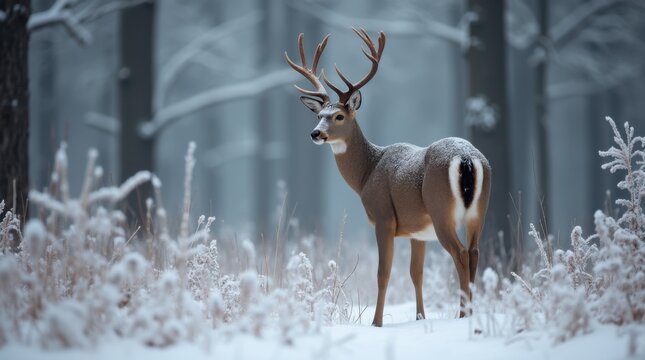 Female deer standing in a snowy forest with frosty branches - Powered by Adobe