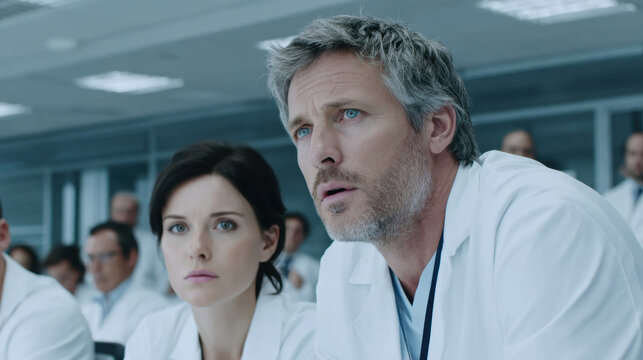 Concerned medical team in white coat attending urgent briefing in modern hospital conference room - Powered by Adobe
