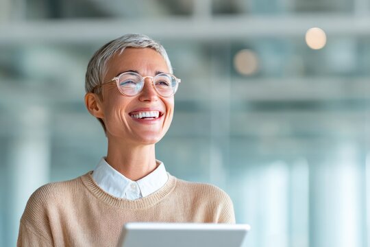 Cheerful senior woman with short gray hair and glasses using tablet indoors