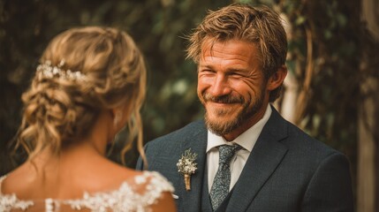 Groom smiling warmly at bride outdoors