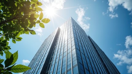 Obraz premium Skyscraper, sun, leaves, city, clouds, reflection, success, growth, urban, nature 
