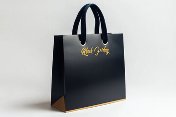 Black shopping bag displays 'Black Friday' in golden script, luxurious velvet handles and golden trim. Isolated on clean white, perfect for holiday sales, discount promotions, and retail advertising.