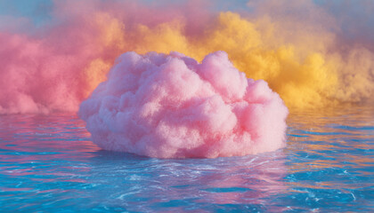 Surreal pink cotton candy cloud floating above blue ocean water with colorful yellow and purple clouds in the background. Dreamy fantasy landscape and conceptual art design