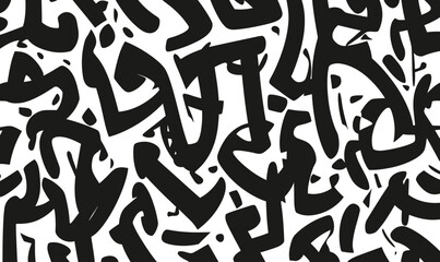 Seamless black and white abstract Arabic calligraphy pattern with handwritten style shapes for artistic minimalist vector background design texture