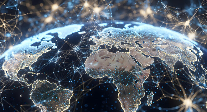 Global digital network illuminating Earth. Interconnected glowing lines symbolize worldwide data flow, communication, and technological integration, depicting a connected world