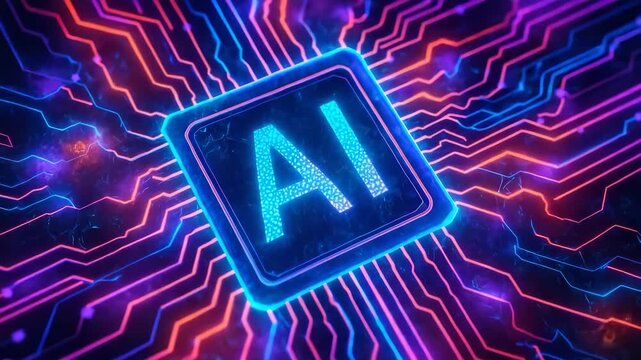 Futuristic digital circuit board with glowing AI symbol. Represents advancements in artificial intelligence and modern technology. - Powered by Adobe