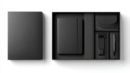 Sophisticated Business Gift Set: A sleek, all-black gift set for business containing a journal, card holder, pen, and a watch. Presenting a professional and thoughtful gesture.