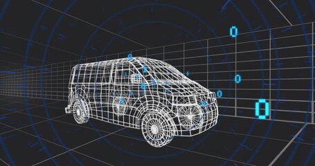 Starting animation showing cyan binary digits flickering around van model visualizing data flow - Powered by Adobe