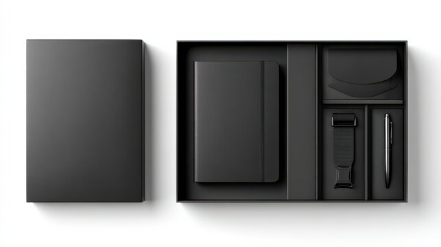 Sophisticated Business Gift Set: A sleek, all-black gift set for business containing a journal, card holder, pen, and a watch. Presenting a professional and thoughtful gesture.
