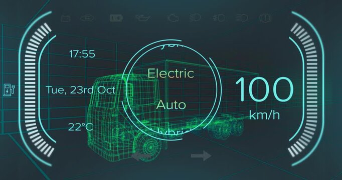 Opening dashboard at 17:55, truck speeding 11 to 121 km or h, rotating mode dial showing transitions