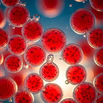 A macro photo of the red microalgae Haematococcus pluvialis floating on clear water. Its luminous ruby-colored cells and translucent structures are characteristic.