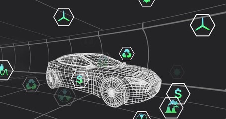 Wireframe car emerging in tunnel, green hexagon icons moving around sedan showing energy costs