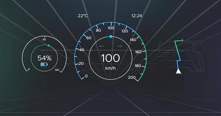 HUD overlay starting from 9 km or h to 100 km or h then falling to 13 km or h demonstrating performa - Powered by Adobe