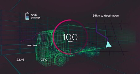 When simulation starts wireframe truck accelerating on grid with gauge moving to show speed changes - Powered by Adobe