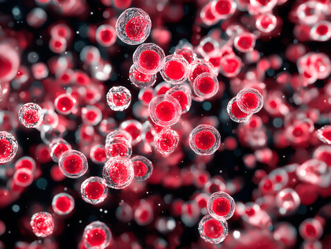 A macro photo of the red microalgae Haematococcus pluvialis floating on clear water. Its luminous ruby-colored cells and translucent structures are characteristic.