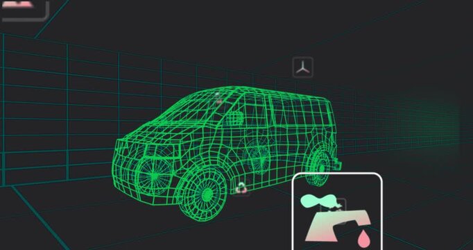 Static green wireframe van model initiating hand icon fading and eco icons appearing for controls