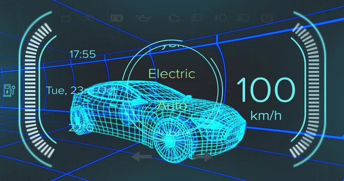 Cyan wireframe car appearing on grid accelerating shifting HUD modes showing hybrid change - Powered by Adobe