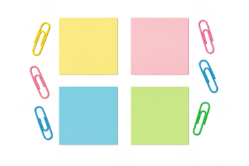 Colorful blank sticky notes paper clips transparent background
