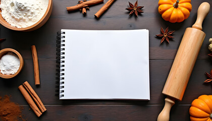 Blank recipe book with baking ingredients on a dark wooden table, top view