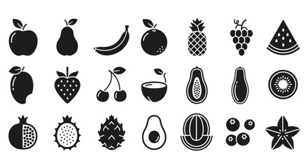 Food fruits glyph icon set. Vector pictograms of banana, strawberry, pineapple, watermelon, grapes, mango, blueberries, peach, cherry, melon, avocado, pear, black sign silhouette illustration.