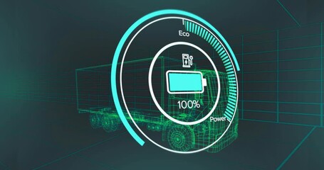 Circular battery gauge starting at low charge and filling then draining and illustrating power flow - Powered by Adobe