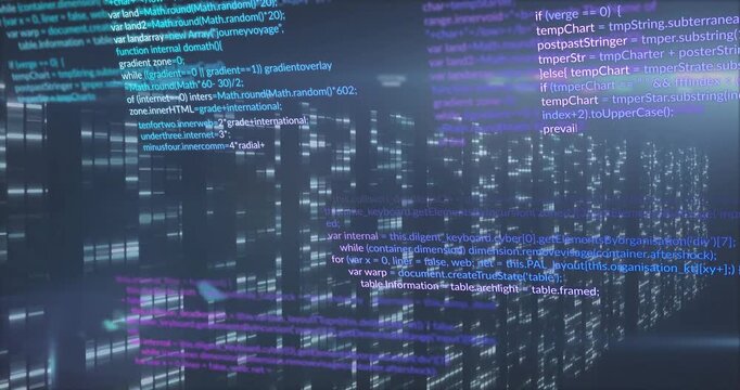 Opening grid showing data columns, scrolling code text and pulsing neon arrow visualizing data flow