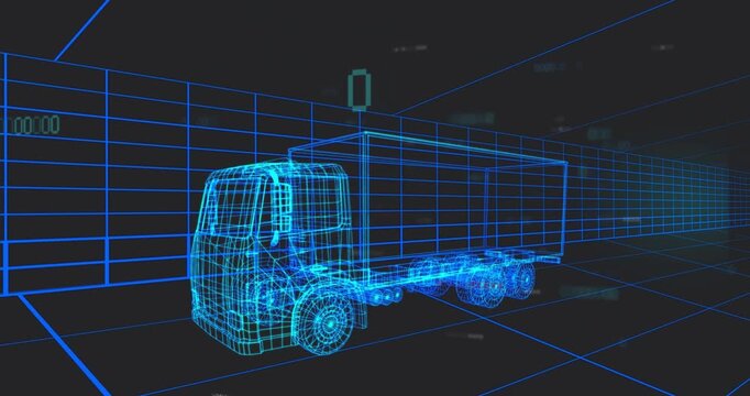 Neon-blue grid forming, wireframe truck fading, camera sweeping binary digits showcasing simulation