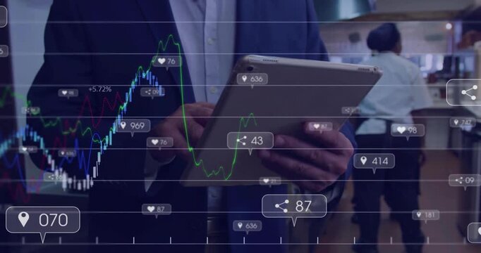 Restaurant manager tapping tablet by counter activating animated graphs and icons updating metrics