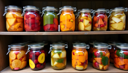 Colorful jars of preserved fruits and vegetables on wooden shelves