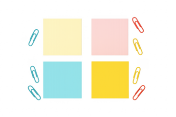 Colorful sticky notes and paper clips with transparent background