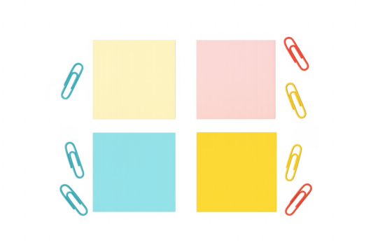Colorful sticky notes and paper clips with transparent background