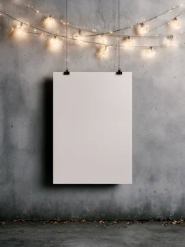 New Year Poster Mockup on Concrete Wall with Holiday Lights