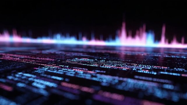 neon colored audio spectrum analyzer showing blue and pink frequency bars on a dark background
