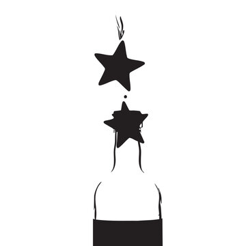Champagne bottle popping vector silhouette. Celebration icon with stars exploding from open bottle
