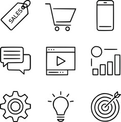 Online Business and Marketing Line Icon Collection Sales, Communication, and E-commerce Concepts