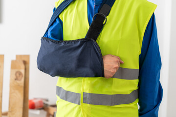Cropped view of construction worker  with broken arm and bandage in workplace at building