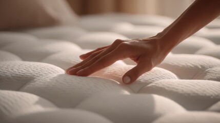 Comfort Touch: A close-up shot captures a person's gentle hand caressing the plush surface of a pristine mattress, evoking a sense of tranquility and relaxation.