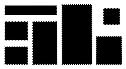 Collection of black postage stamps with perforated edges, isolated on a white background