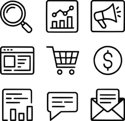 Online Business and Marketing Line Icon Collection Sales, Communication, and E-commerce Concepts