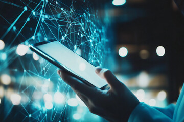 Interacting with digital holographic interface in futuristic virtual space innovation scene, generative ai