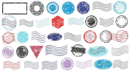 Collection of grunge and rubber stamps with postal wave marks on a white background