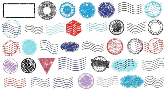 Collection of grunge and rubber stamps with postal wave marks on a white background