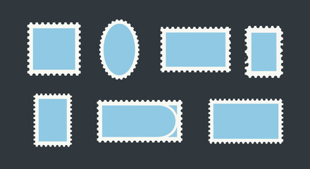 Group of eight distinct blank postage stamp templates in a serene light blue hue, featuring classic serrated borders and varied shapes, ideal for graphic design projects, postal communication themes,