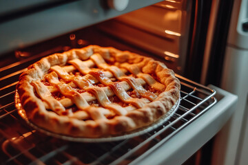 Golden Homemade Pie Baking in a Modern Electric Oven with Warm Light Reflection, Generative AI