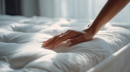 Soft Touch: A close-up view of a person's hand delicately caressing the surface of a plush, inviting mattress. The image evokes feelings of comfort, relaxation, and serenity. 