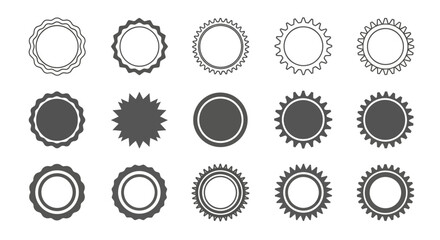 Collection of Various Circular Seals and Starburst Shapes in Grey Tones, Isolated on a White Background