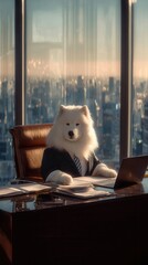 photo of a fluffy white Samoyed dog wearing a stylish business suit