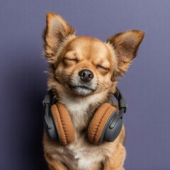 photo of a chihuahua wearing headphones with his mouth closed on a purple background