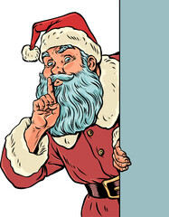 Pop Art Retro Santa Claus gives the be quiet sign. New Year s sales, promotions, and discounts. Santa Claus s secrets and the New Year s spirit.