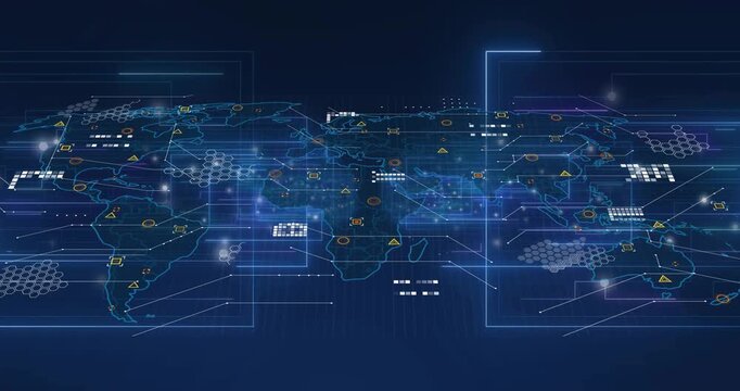 Hovering holographic panels emitting neon lines revealing world map with icons showing global flows
